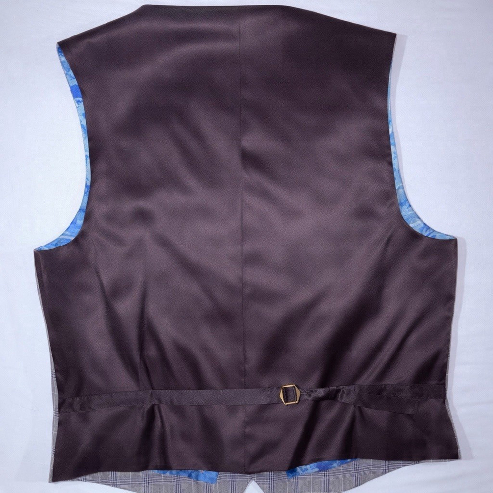 NWT Tallia Men Wool Blend Vest 46R Slim Lined Grey Blue Plaid Floral Back Fit - Picture 2 of 8